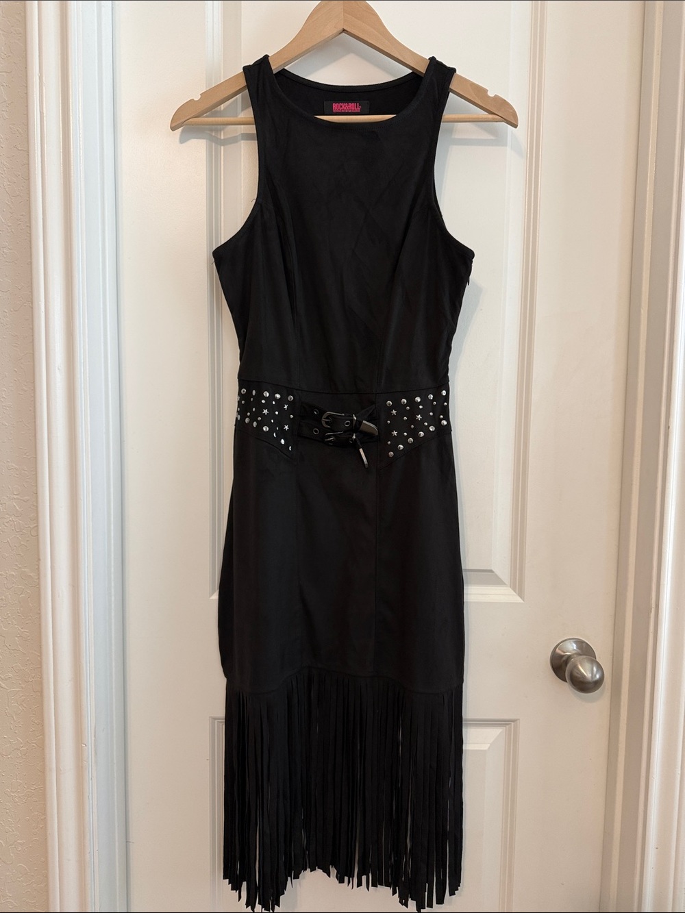 Black Studded Belt Fringe Midi Dress